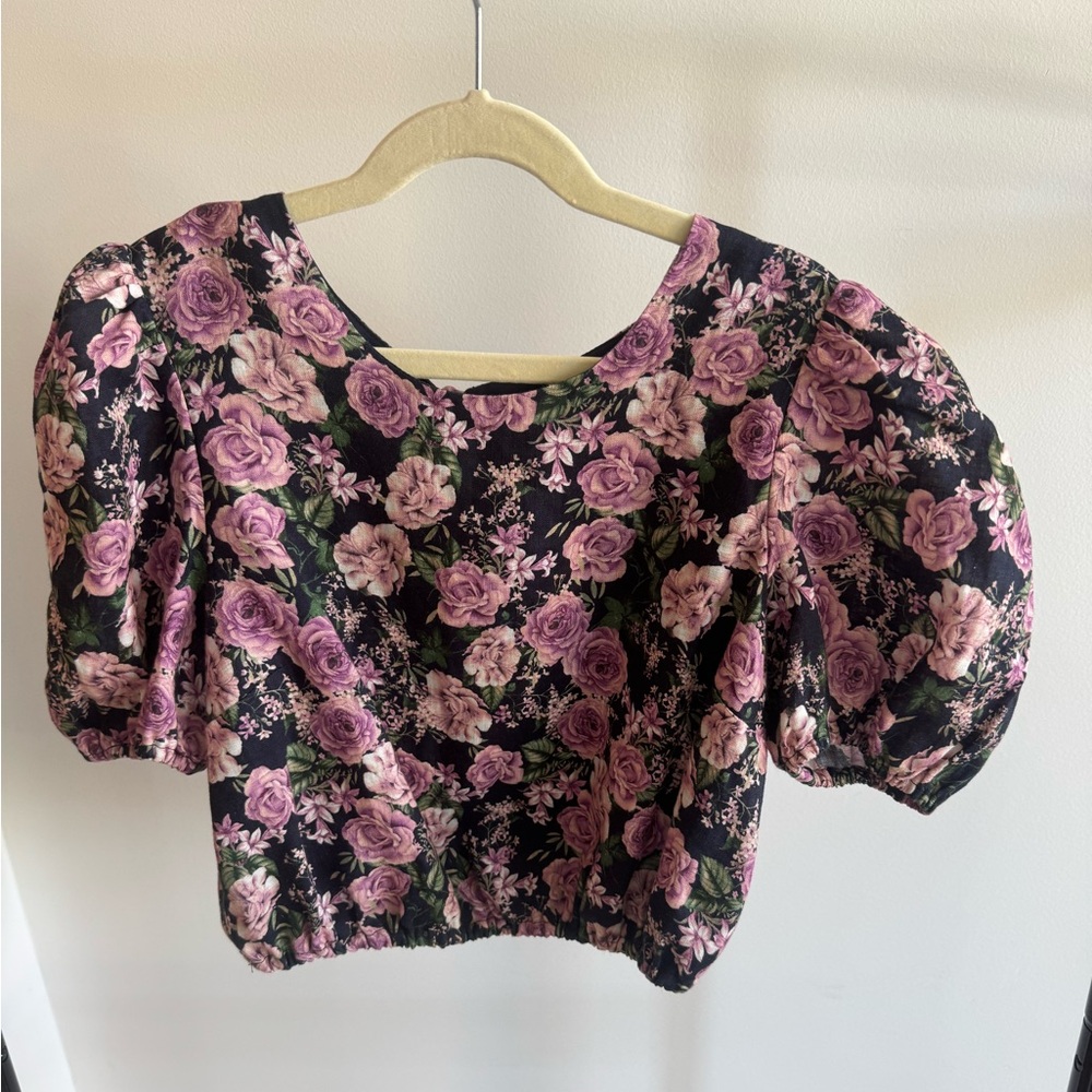 Cami NYC Floral Puff Sleeve Blouse - Purple/Pink and Black